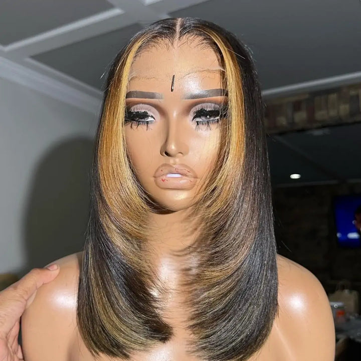 24 Hours Shipping Layer Cut Glueless Wigs Ombre Highlight Straight Bob Human Hair Wigs 13x4 Lace Front Wigs