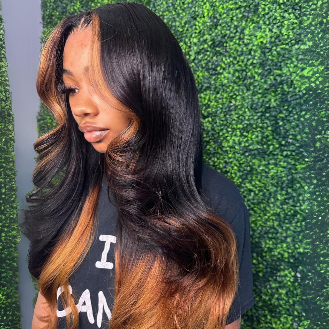 Curtain Bangs Ombre Brown Glueless Wigs T1B/27 Body Wave 13x4 Lace Front Wigs Ombre Pre Plucked Human Hair Wigs