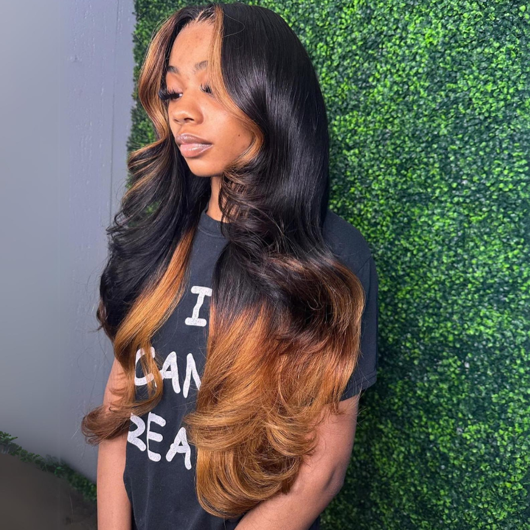 Curtain Bangs Ombre Brown Glueless Wigs T1B/27 Body Wave 13x4 Lace Front Wigs Ombre Pre Plucked Human Hair Wigs