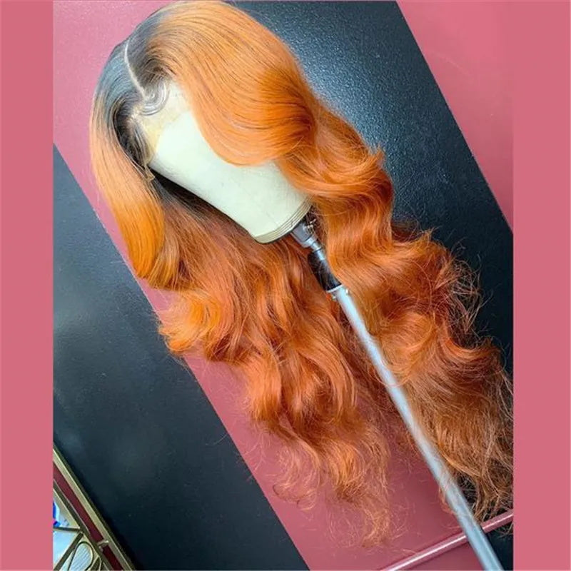 Orange Ginger Body Wave Wig With Black Roots Pre Plucked Natural Hairline Glueless Real Human Hair Wigs