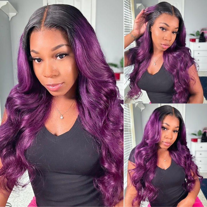 Smokey Purple 13x4 Lace Front Body Wave Wig With Black Roots Ombre Funky Colored HD Lace Human Hair Wigs-Geeta Hair