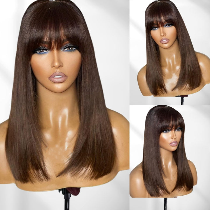 Put On&Go Brown Straight Glueless 5x5 HD Lace Wig With bangs Easy to Wear Lace Human Hair Wigs-GeetaHair