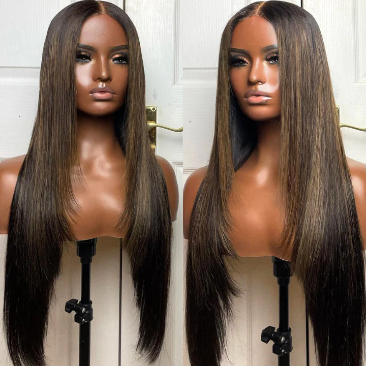 Put On&Go Light Brown With Blonde Straight Glueless 5x5 HD Lace Wig With bangs Highlight Colored Easy to Wear Human Hair Wigs-Geeta Hair