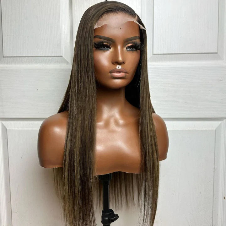 Put On&Go Light Brown With Blonde Straight Glueless 5x5 HD Lace Wig With bangs Highlight Colored Easy to Wear Human Hair Wigs-Geeta Hair