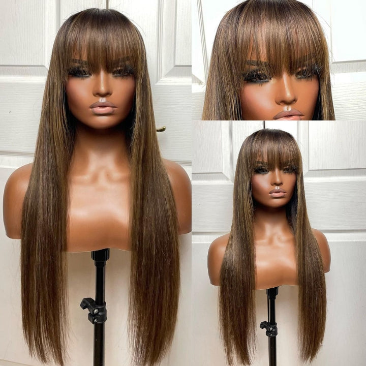 Put On&Go Light Brown With Blonde Straight Glueless 5x5 HD Lace Wig With bangs Highlight Colored Easy to Wear Human Hair Wigs-Geeta Hair
