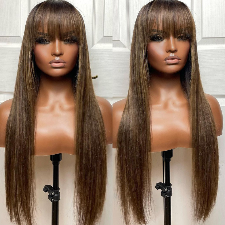 Put On&Go Light Brown With Blonde Straight Glueless 5x5 HD Lace Wig With bangs Highlight Colored Easy to Wear Human Hair Wigs-Geeta Hair