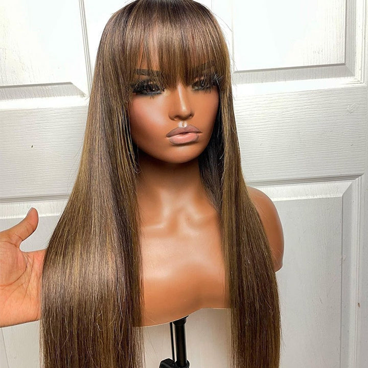 Put On&Go Light Brown With Blonde Straight Glueless 5x5 HD Lace Wig With bangs Highlight Colored Easy to Wear Human Hair Wigs-Geeta Hair