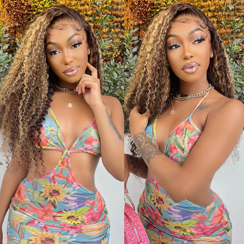 Valentine's Day Flash Sale:13x4 HD Lace Curly Hair Honey Blond Highlights Wig, 48hrs Only