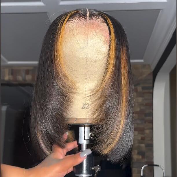 Layer Cut Glueless Wigs Ombre Highlight Straight Bob Human Hair Wigs 13x4 Lace Front Wigs