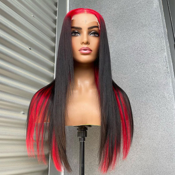 Sparkle Red Roots Long Straight Front Lace Wigs Colored Bone Straight Human Hair Wigs