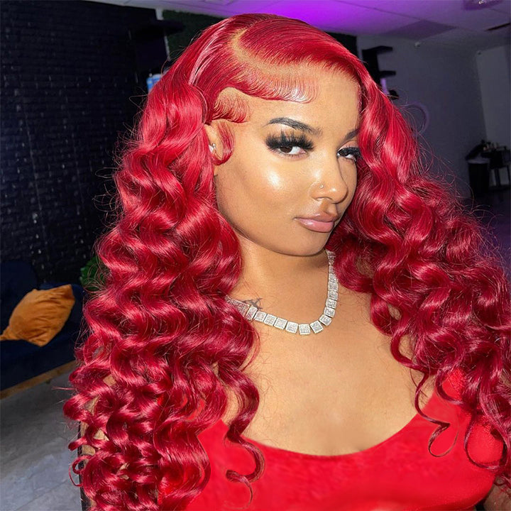 Red Loose Deep Wave Lace Front Wig Colored HD Transparent Lace Human Hair Wigs