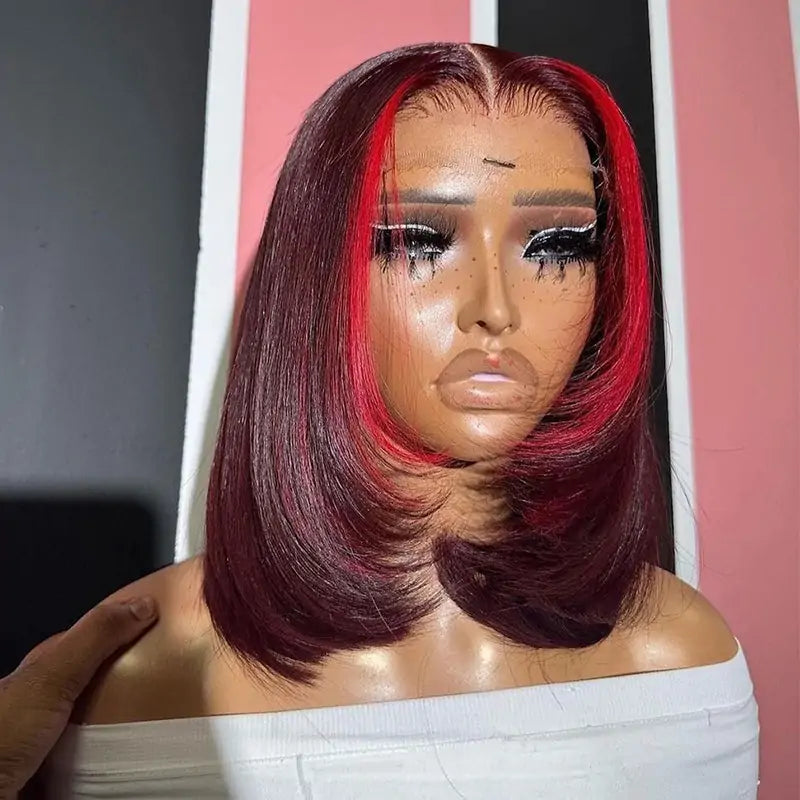 Red Highlight Color Lace Front Human Hair Wigs Layered Cut Straigt 99j Bob Wig Pre Plucked