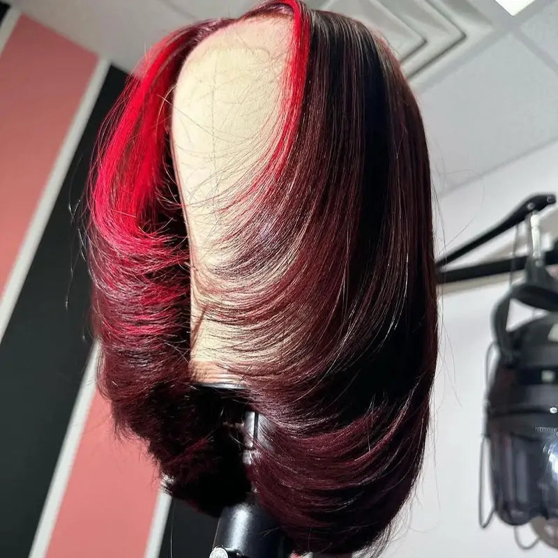 Red Highlight Color Lace Front Human Hair Wigs Layered Cut Straigt 99j Bob Wig Pre Plucked
