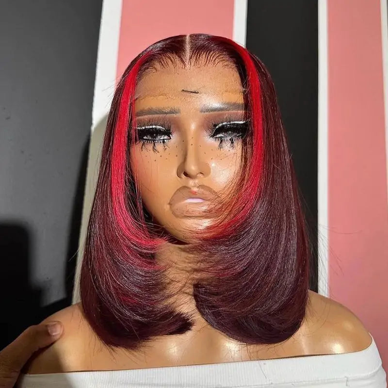 Red Highlight Color Lace Front Human Hair Wigs Layered Cut Straigt 99j Bob Wig Pre Plucked