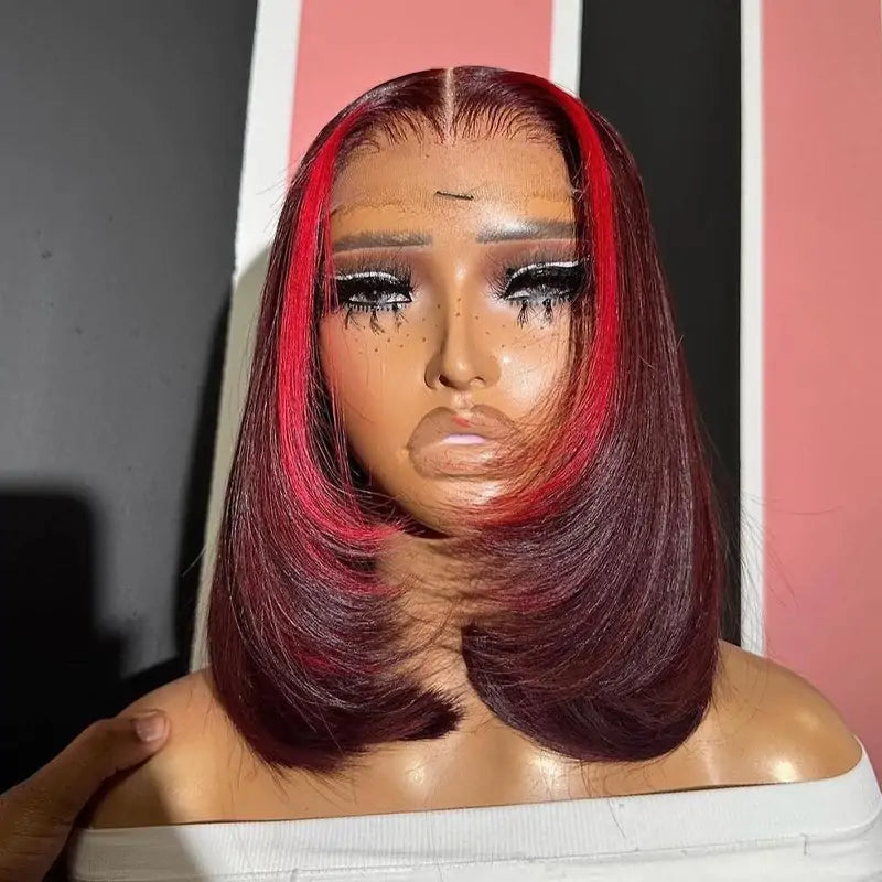 Red Highlight Color Lace Front Human Hair Wigs Layered Cut Straigt 99j Bob Wig Pre Plucked