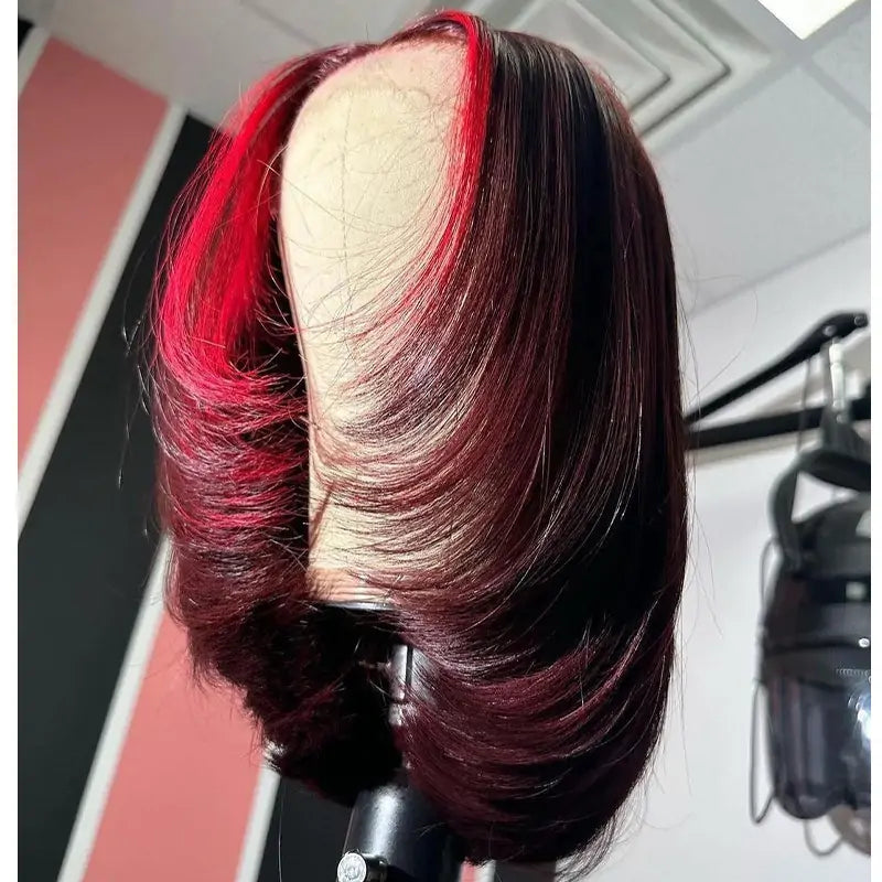 Red Highlight Color Lace Front Human Hair Wigs Layered Cut Straigt 99j Bob Wig Pre Plucked