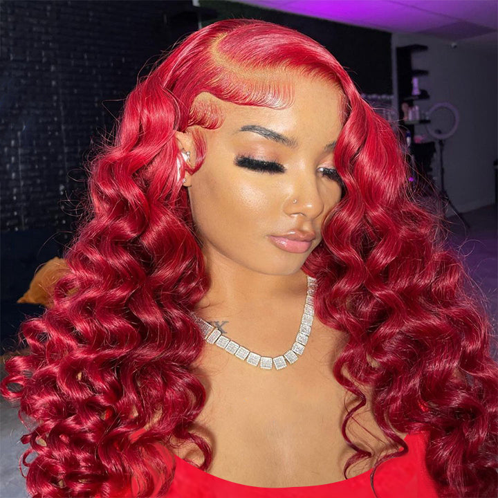 Red Loose Deep Wave Lace Front Wig Colored HD Transparent Lace Human Hair Wigs