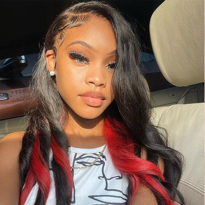 Red Skunk Stripe Hair Body Wave Lace Front Wig 99J Red Colored HD Transparent Lace Human Hair Wigs