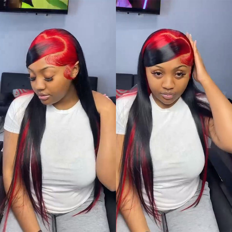 Sparkle Red Roots Long Straight Front Lace Wigs Colored Bone Straight Human Hair Wigs