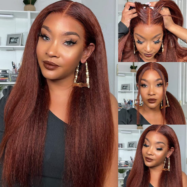 Reddish Brown 13x4/4x4 HD Transparent Lace Wig Kinky Straight Auburn Glueless Human Hair Wigs