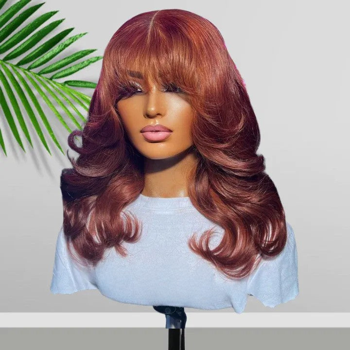 Body Wave Copper 13x4 Lace Front Bombshell Curls Light Layers Wispy Curtain Bangs Human Hair Bob Wigs-Geeta Hair