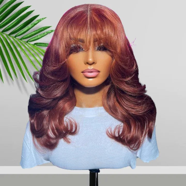 Body Wave Copper 13x4 Lace Front Bombshell Curls Light Layers Wispy Curtain Bangs Human Hair Bob Wigs-Geeta Hair