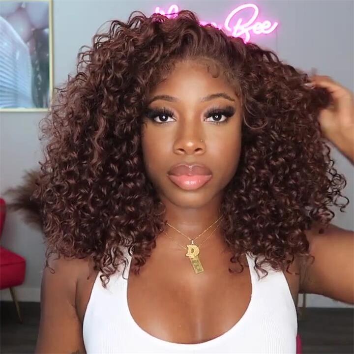 Reddish Brown 5X5 HD Lace Closure Deep Curly Bob Wig Glueless Curly Red Wine Invisible Lace Human Hair Bob Wigs