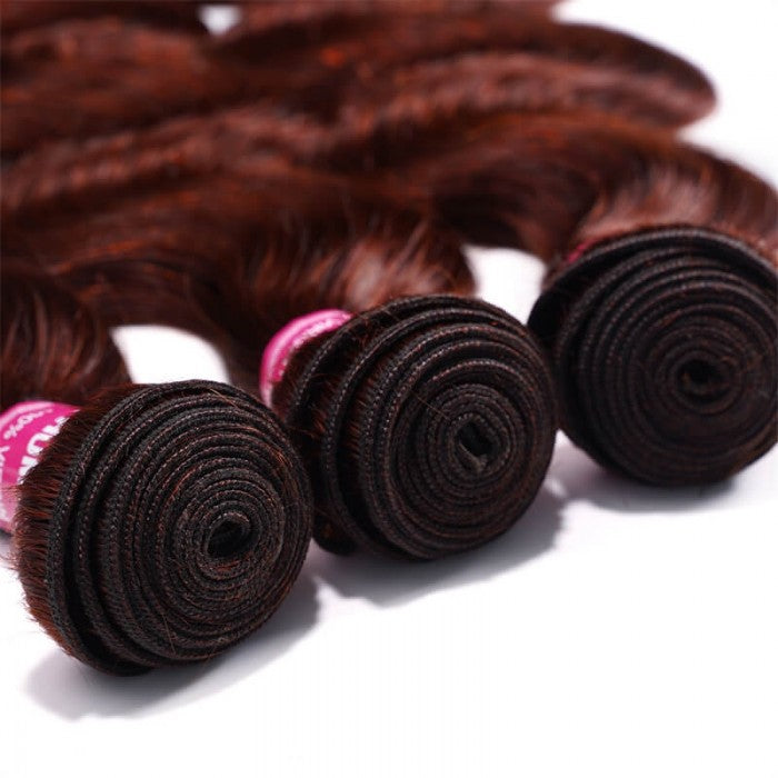 GeetaHair Reddish Brown Body Wave 3 Bundles With 4x4 Lace Closure 100% Real Human Hair Extensions