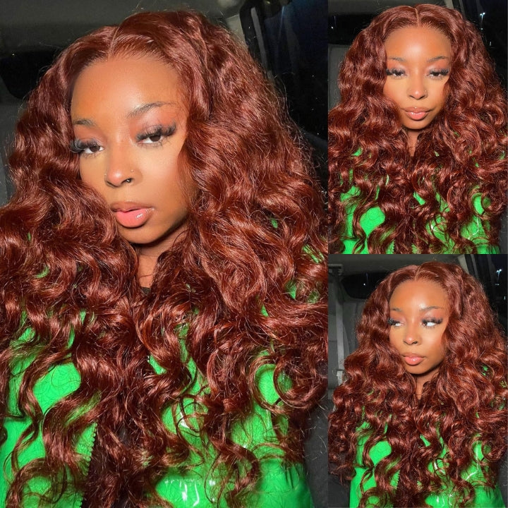 Reddish Brown Body Wave Undetectable HD Lace Front Wig Dark Auburn Pre Plucked with Baby Hair Wigs
