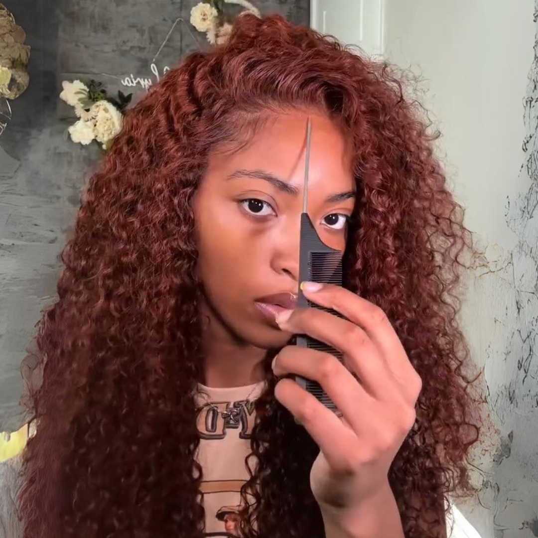 Reddish Brown Curly 13x4 Lace Front Wig Copper Red Glueless Human Hair Wig 250% Density