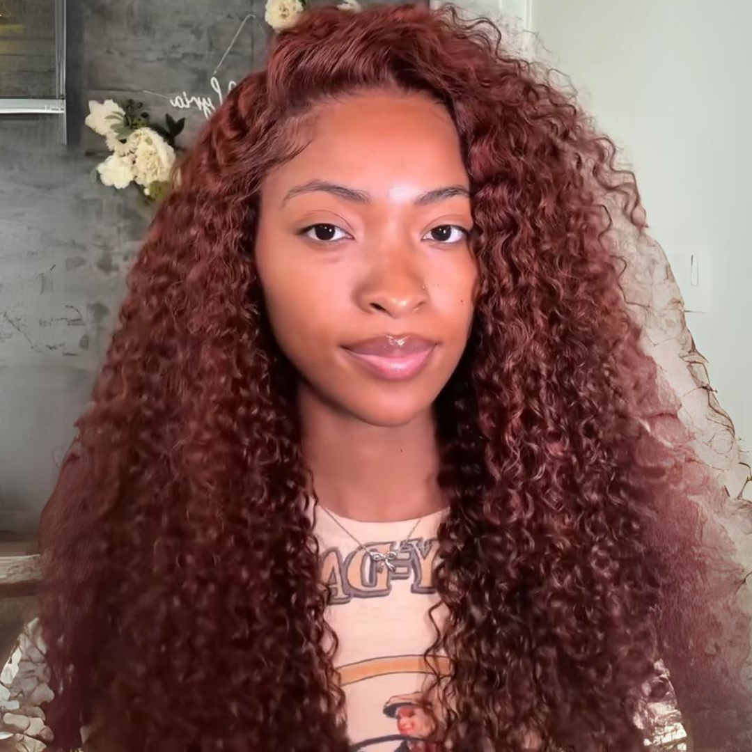 Reddish Brown Curly 13x4 Lace Front Wig Copper Red Glueless Human Hair Wig 250% Density