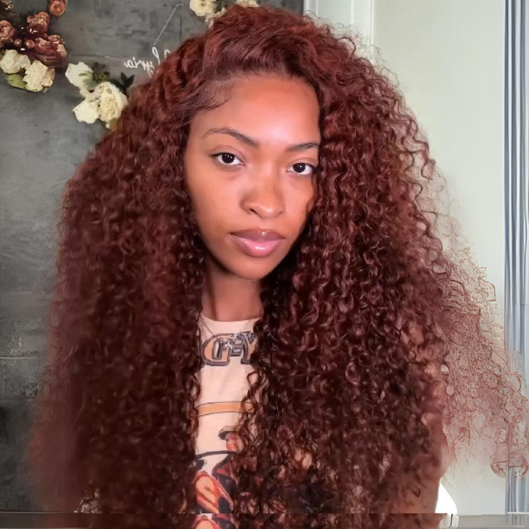 Reddish Brown Curly 13x4 Lace Front Wig Copper Red Glueless Human Hair Wig 250% Density
