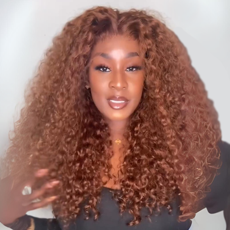 Reddish Brown Curly Human Hair Wigs 250% Density Glueless 13x4 Lace Front Curly Human Hair Wigs