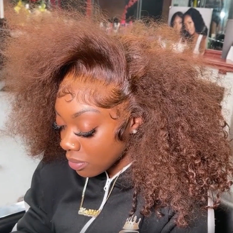 Reddish Brown Curly Human Hair Wigs 180% Density Glueless Lace Front Curly Human Hair Wigs