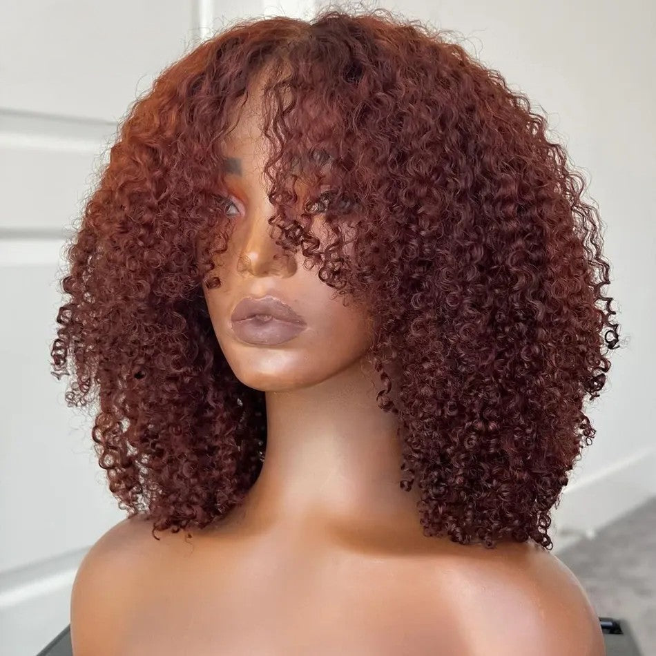 Curtain Bangs Glueless Wig Reddish Brown Human Hair Wig Copper Red Afro Kinky Curly Wig