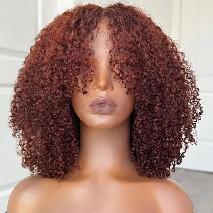 Curtain Bangs Glueless Wig Reddish Brown Human Hair Wig Copper Red Afro Kinky Curly Wig