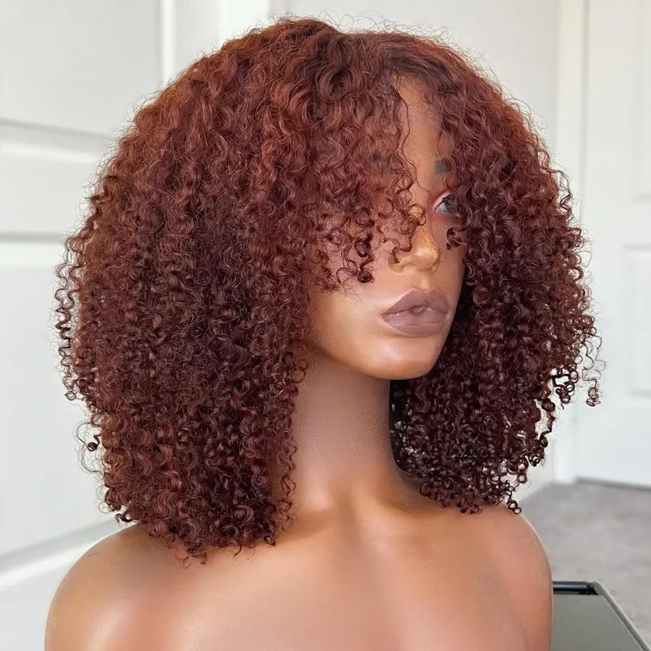 Curtain Bangs Glueless Wig Reddish Brown Human Hair Wig Copper Red Afro Kinky Curly Wig