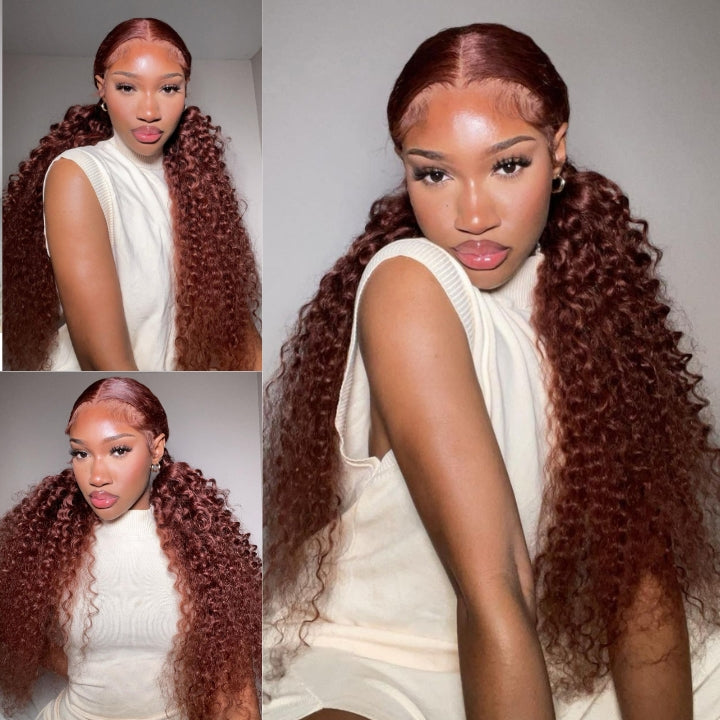 Reddish Brown Jerry Curly 13x4 HD Lace Front Wig Auburn Transparent Lace Human Hair Wigs