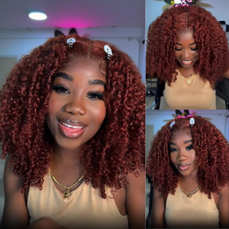Reddish Brown Kinky Curly 13x4 HD Transparent Lace Front Wig Human Hair Bob Wigs-Geetahair