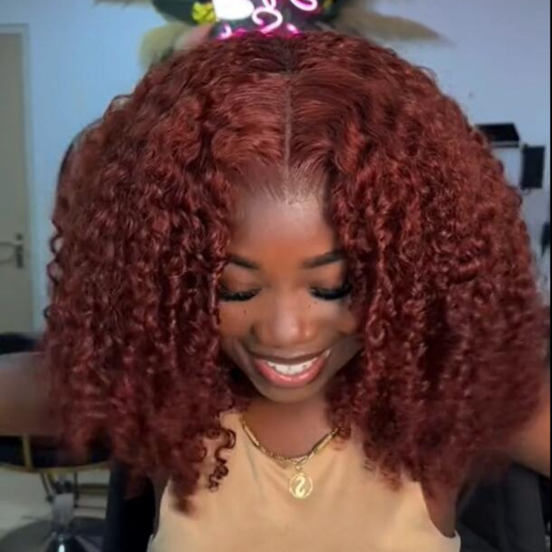 Reddish Brown Kinky Curly 13x4 HD Transparent Lace Front Wig Human Hair Bob Wigs-Geetahair
