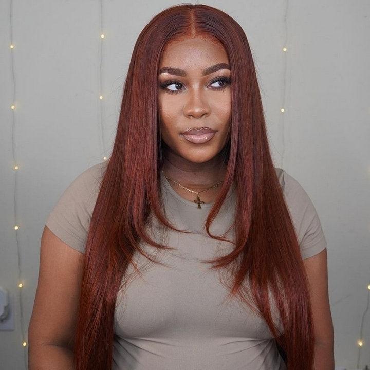 Layered Straight 13x4/4x4 Reddish Brown Lace Frontal Wig HD Transparent Human Hair Wigs Auburn Colored 33# Wig-Geeta Hair