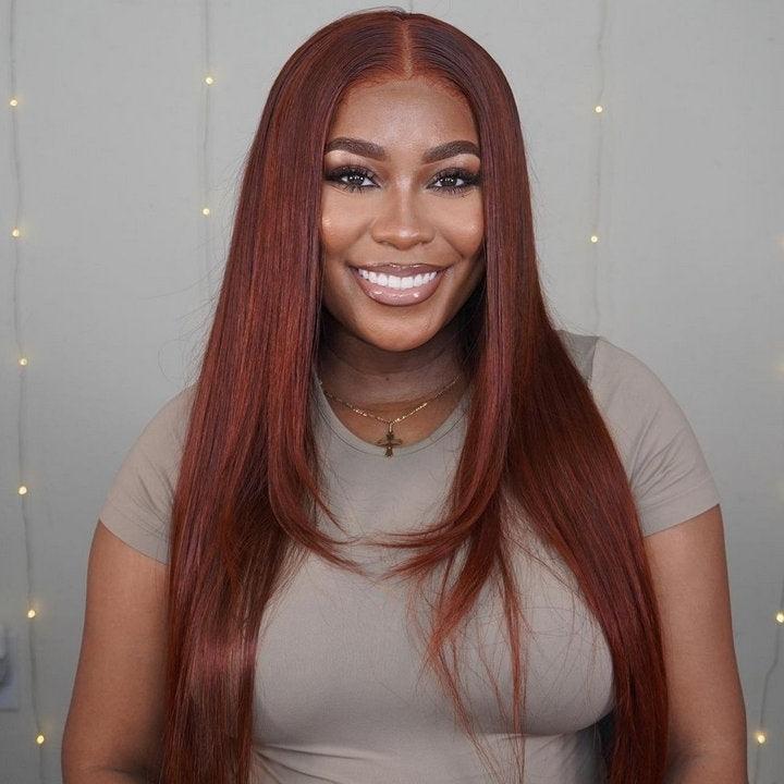 Layered Straight 13x4/4x4 Reddish Brown Lace Frontal Wig HD Transparent Human Hair Wigs Auburn Colored 33# Wig-Geeta Hair