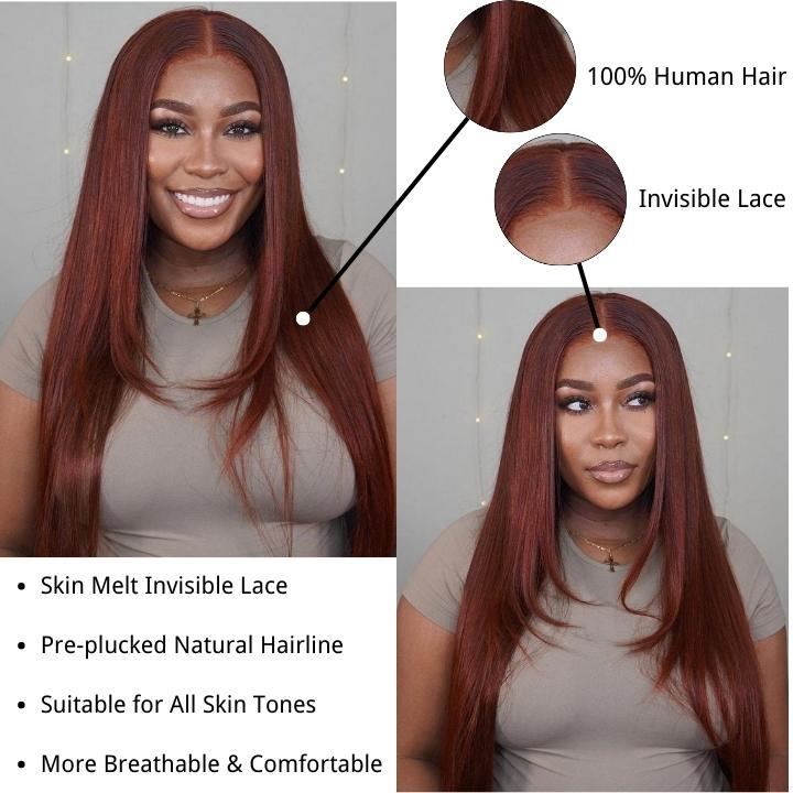 Layered Straight 13x4/4x4 Reddish Brown Lace Frontal Wig HD Transparent Human Hair Wigs Auburn Colored 33# Wig-Geeta Hair