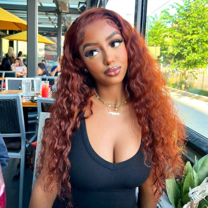 Reddish Brown Water Wave 13x4 Glueless HD Lace Front Wig Auburn Colored Transparent 5x5 Closure Lace Human Hair Wigs