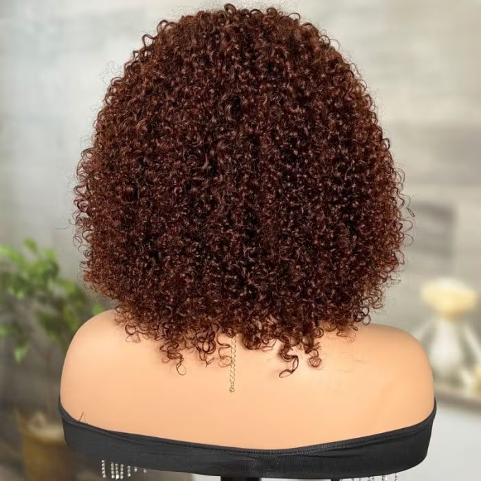 Reddish Brown Curly Bob Wig with Bangs Human Hair Short Human Hair Wigs for Black Women 180% Density - Geeta Hair