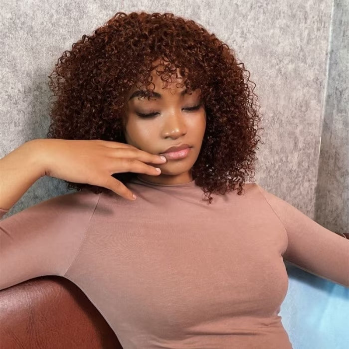 Reddish Brown Curly Bob Wig with Bangs Human Hair Short Human Hair Wigs for Black Women 180% Density - Geeta Hair