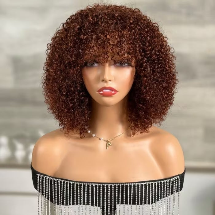 Reddish Brown Curly Bob Wig with Bangs Human Hair Short Human Hair Wigs for Black Women 180% Density - Geeta Hair