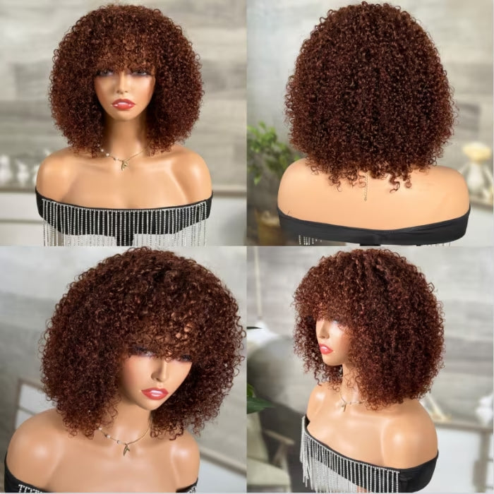 Reddish Brown Curly Bob Wig with Bangs Human Hair Short Human Hair Wigs for Black Women 180% Density - Geeta Hair