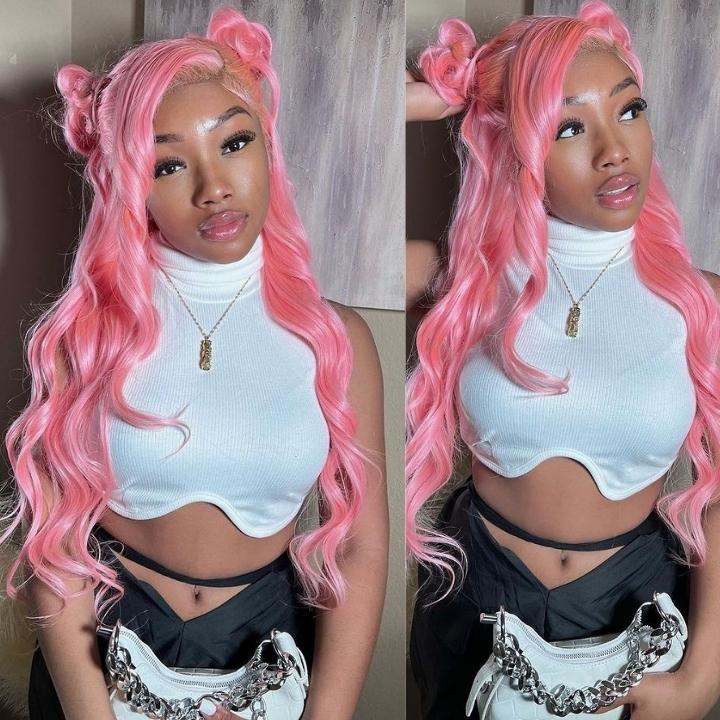 Funky Colored Wigs | Salmon Pink Color Straight/Body Wave Transparent Lace Front Color Wig Human Hair Wigs Stylish Young Cute Hairstyle 180% Density-GeetaHair