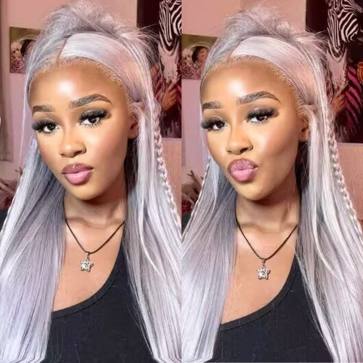 Silver Straight HD Transparent Lace Front Wig Gray Human Hair Wigs Pre Plucked With Baby Hair